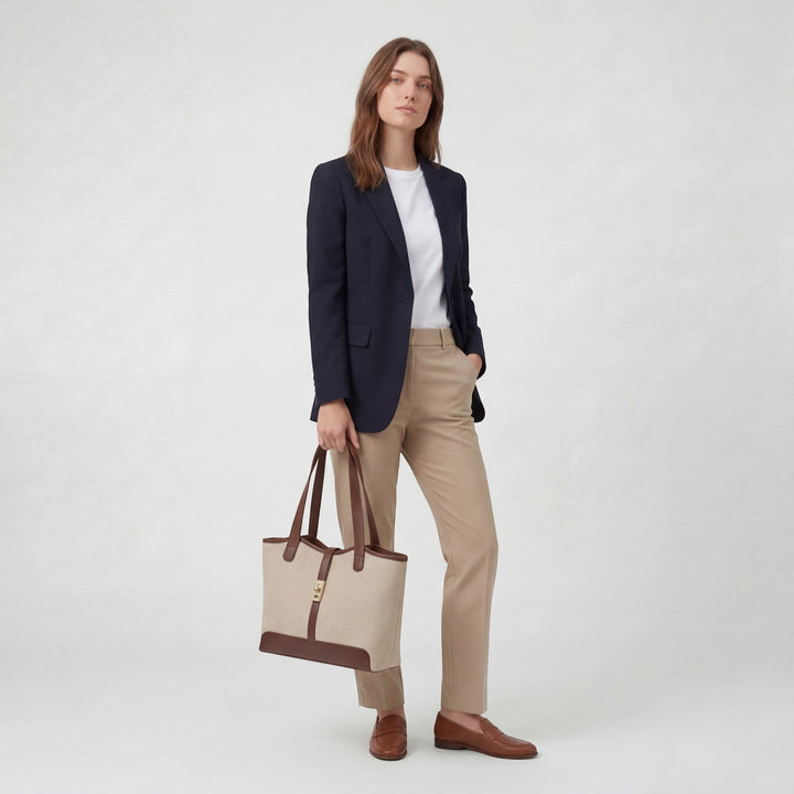 Women's Structured Canvas Tote Bag Large Capacity – Zip Double Handles