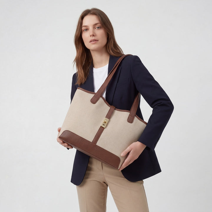 Women's Structured Canvas Tote Bag Large Capacity – Zip Double Handles