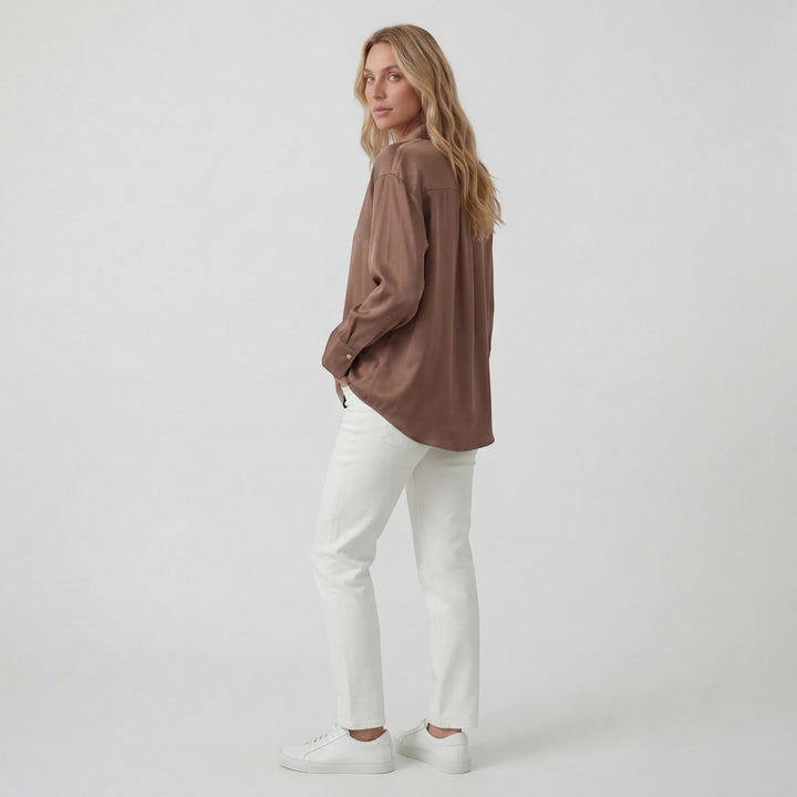 Women's Satin Long Sleeve Draped Blouse – Relaxed Fit Fluid Silhouette