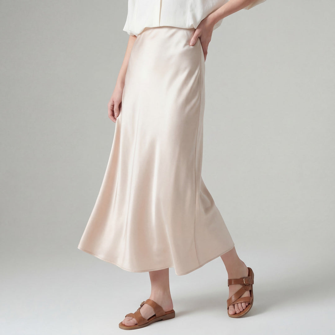 Women's Satin High-Waist Midi Skirt – Fitted Silhouette Fluid Drape