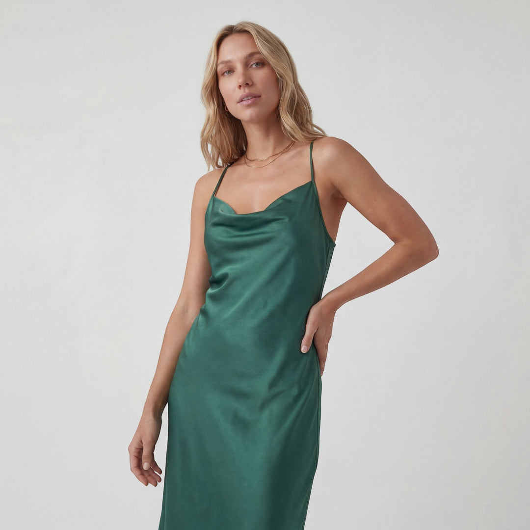 Women's Satin Slip Dress Bias Cut – Draped Neckline Adjustable Straps
