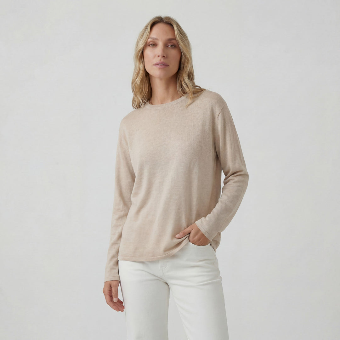 Women's Soft Knit Crew Neck Sweater – Relaxed Linen-Inspired Texture
