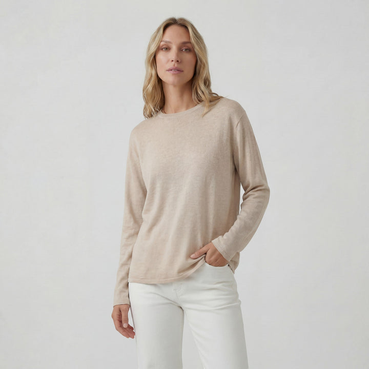 Women's Soft Knit Crew Neck Sweater – Relaxed Linen-Inspired Texture