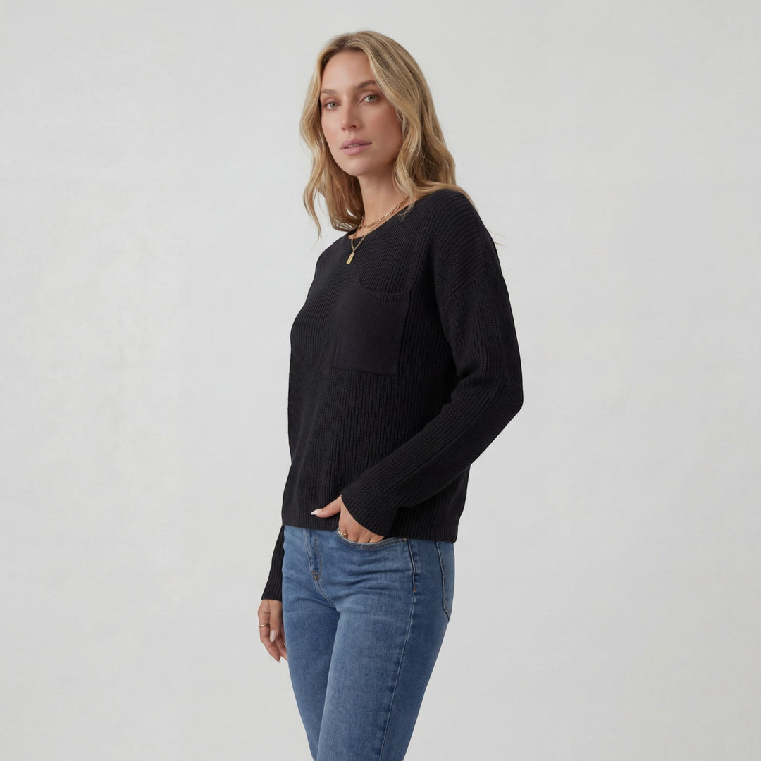 Women's Knit Sweater – Ribbed Knit Crew Neck Relaxed Fit Chest Pocket