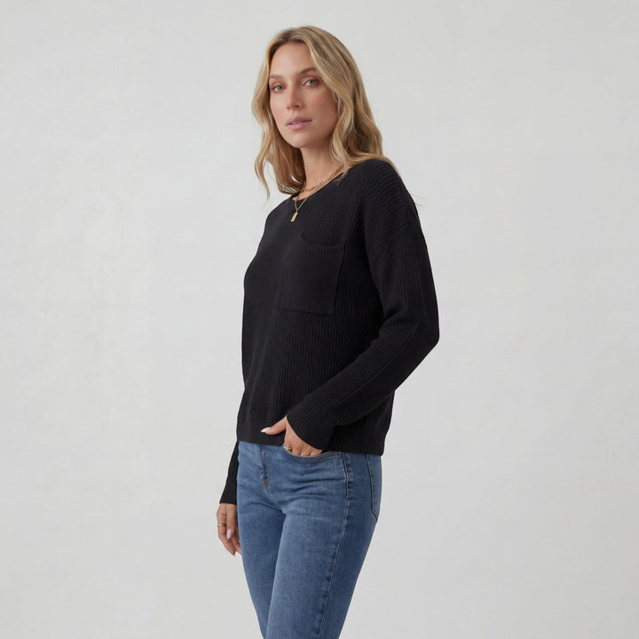 Women's Knit Sweater – Ribbed Knit Crew Neck Relaxed Fit Chest Pocket