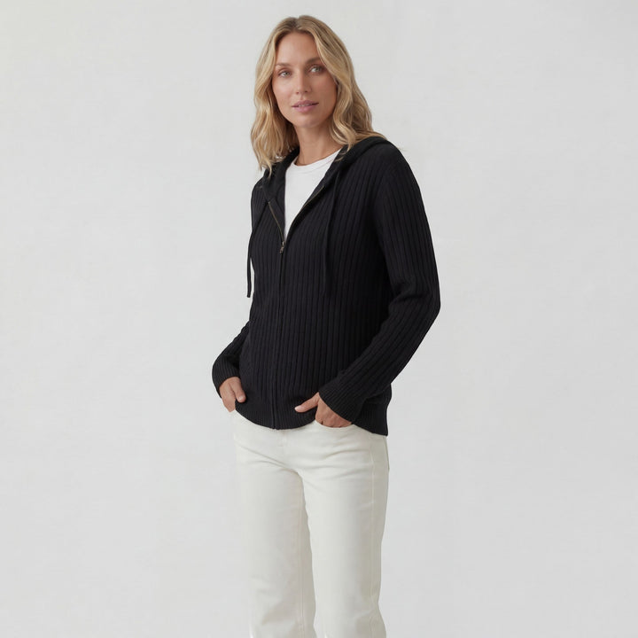 Women's Ribbed Knit Zip-Up Hoodie Cardigan – Oversized Full-Zip Style