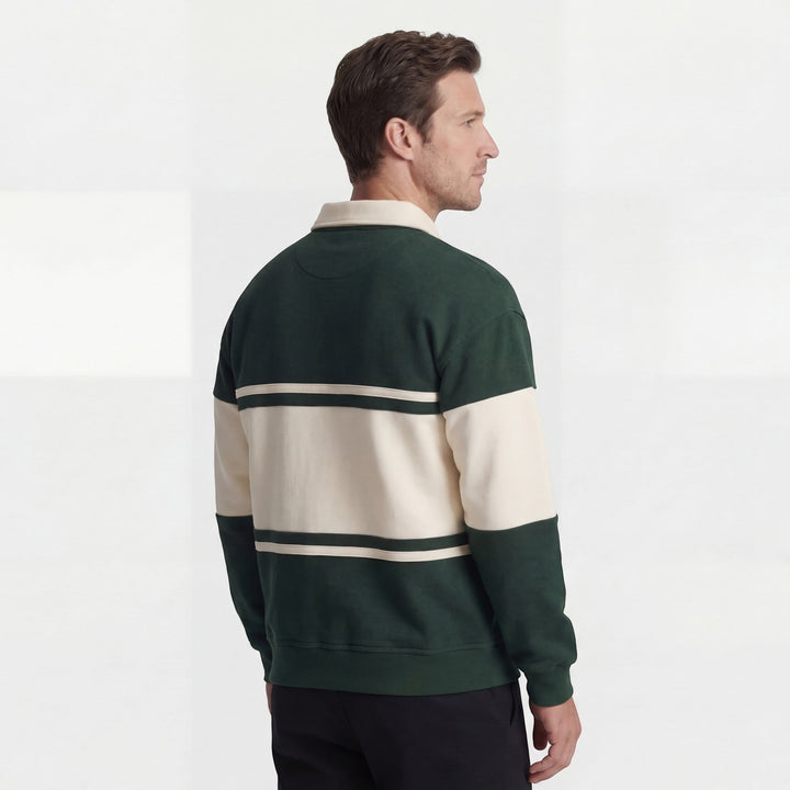 Men's Cotton Blend Sweatshirt – Polo Collar Contrast Panels Relaxed Fit
