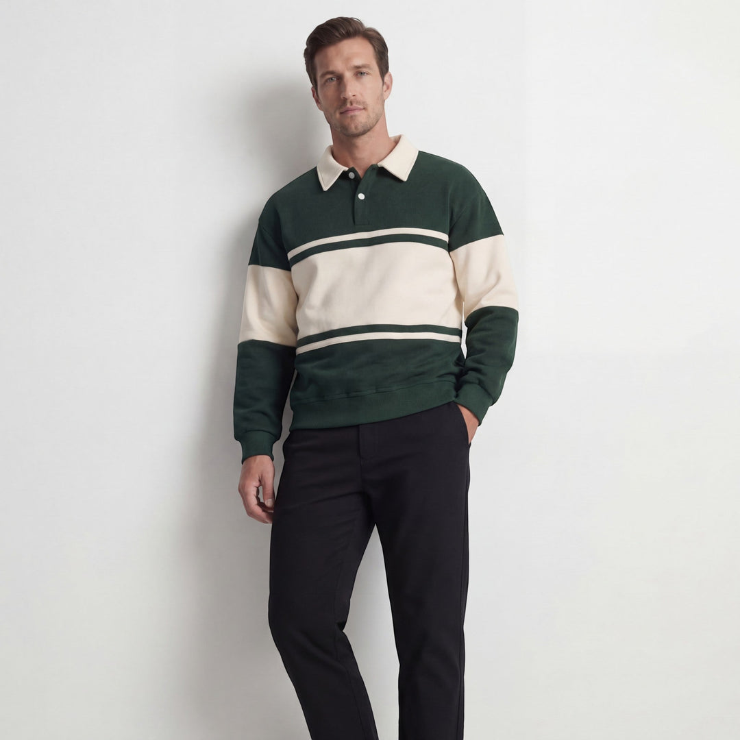 Men's Cotton Blend Sweatshirt – Polo Collar Contrast Panels Relaxed Fit