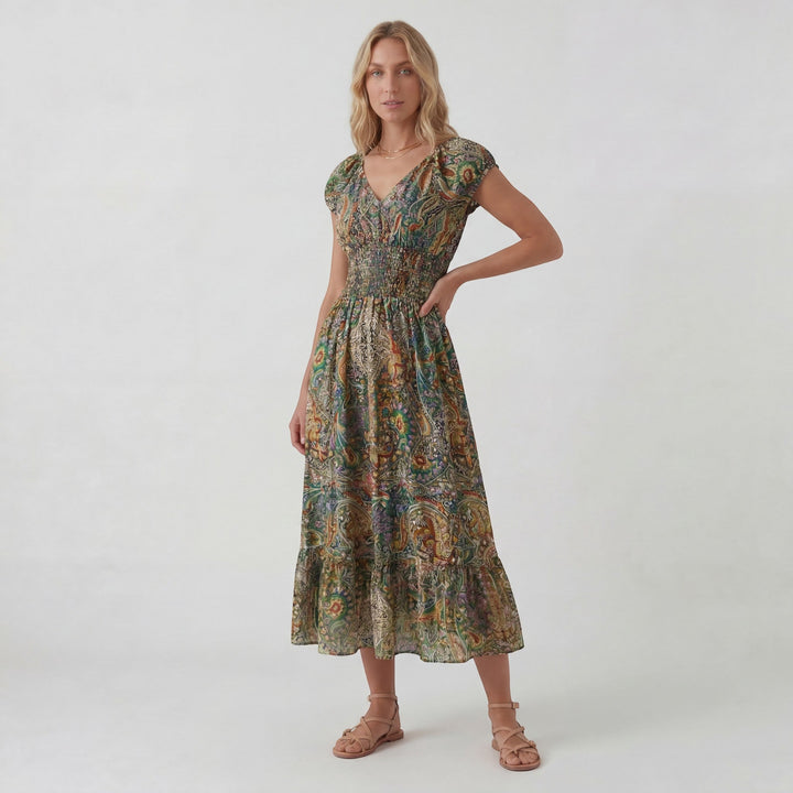 Women's Woven Fabric Maxi Dress Bohemian V-Neck – Relaxed Flowing