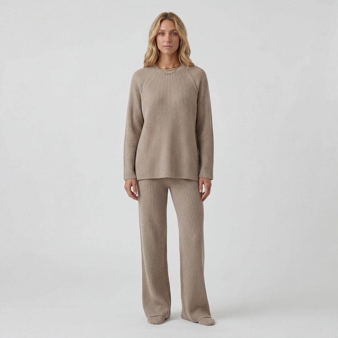 Women's Soft Ribbed Knit Co-Ord Long Sleeve Top – Wide Leg Pants