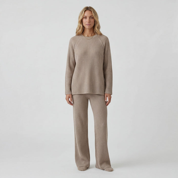 Women's Soft Ribbed Knit Co-Ord Long Sleeve Top – Wide Leg Pants