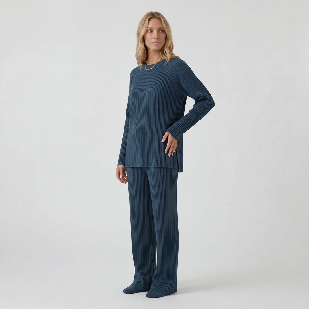 Women's Soft Ribbed Knit Co-Ord Long Sleeve Top – Wide Leg Pants