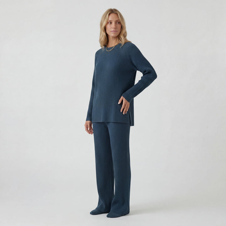 Women's Soft Ribbed Knit Co-Ord Long Sleeve Top – Wide Leg Pants