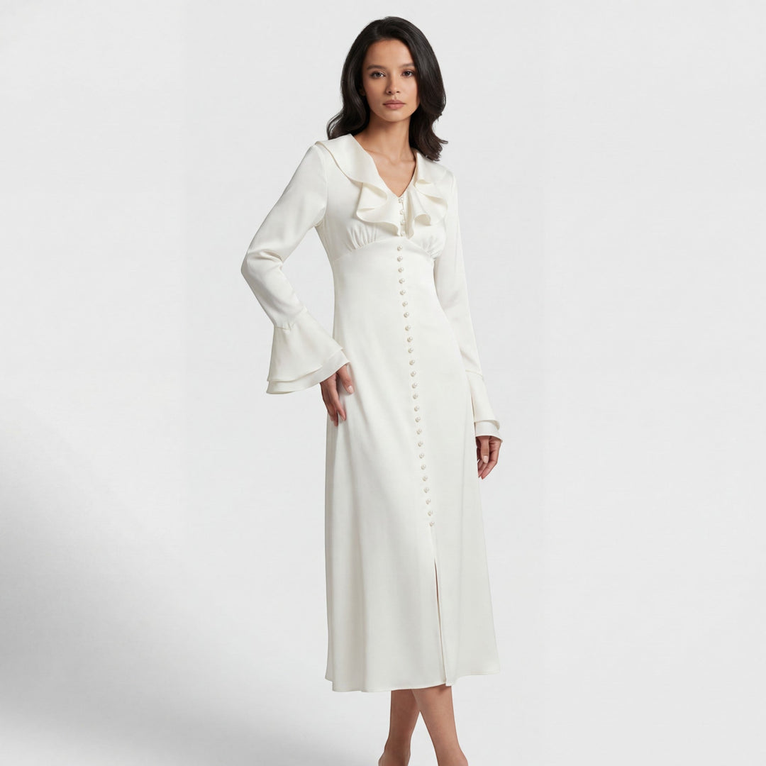 Women's Woven Midi Dress Fitted A-Line – Ruffle Collar Flared Sleeves