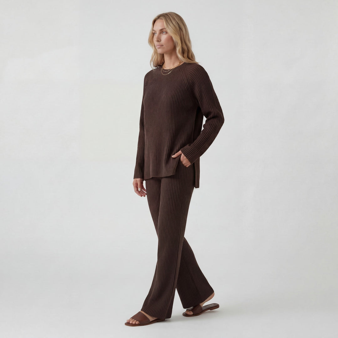 Women's Soft Ribbed Knit Co-Ord Long Sleeve Top – Wide Leg Pants