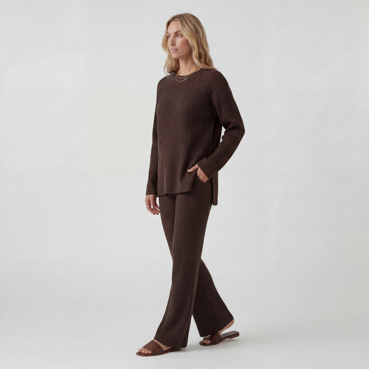 Women's Soft Ribbed Knit Co-Ord Long Sleeve Top – Wide Leg Pants