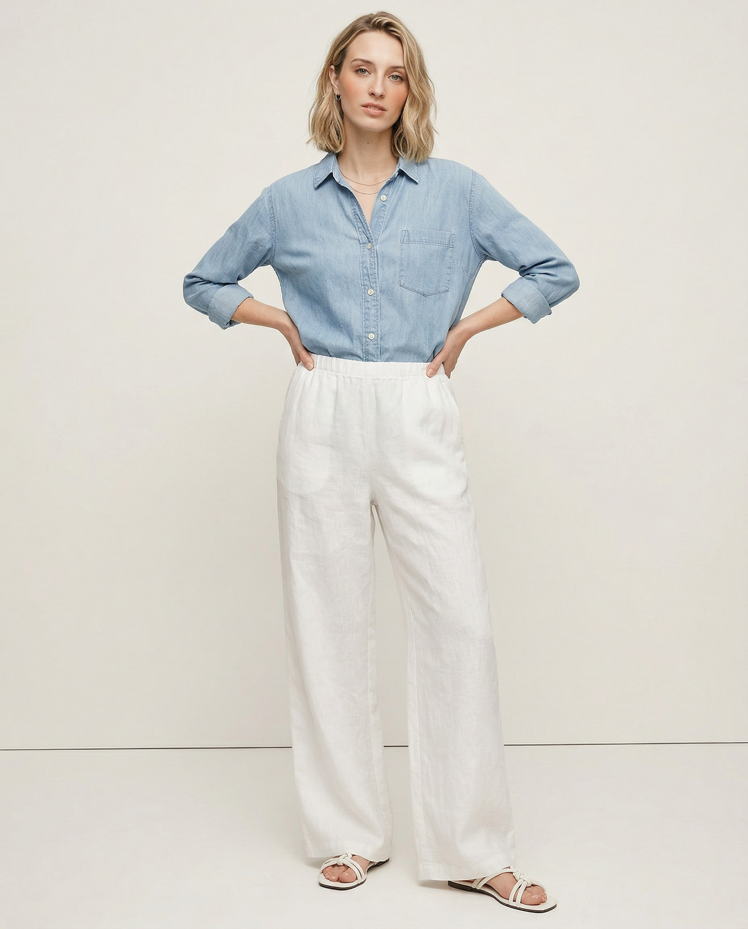Women's Linen Wide Leg Pants – Low-Rise Elastic Drawstring Waist