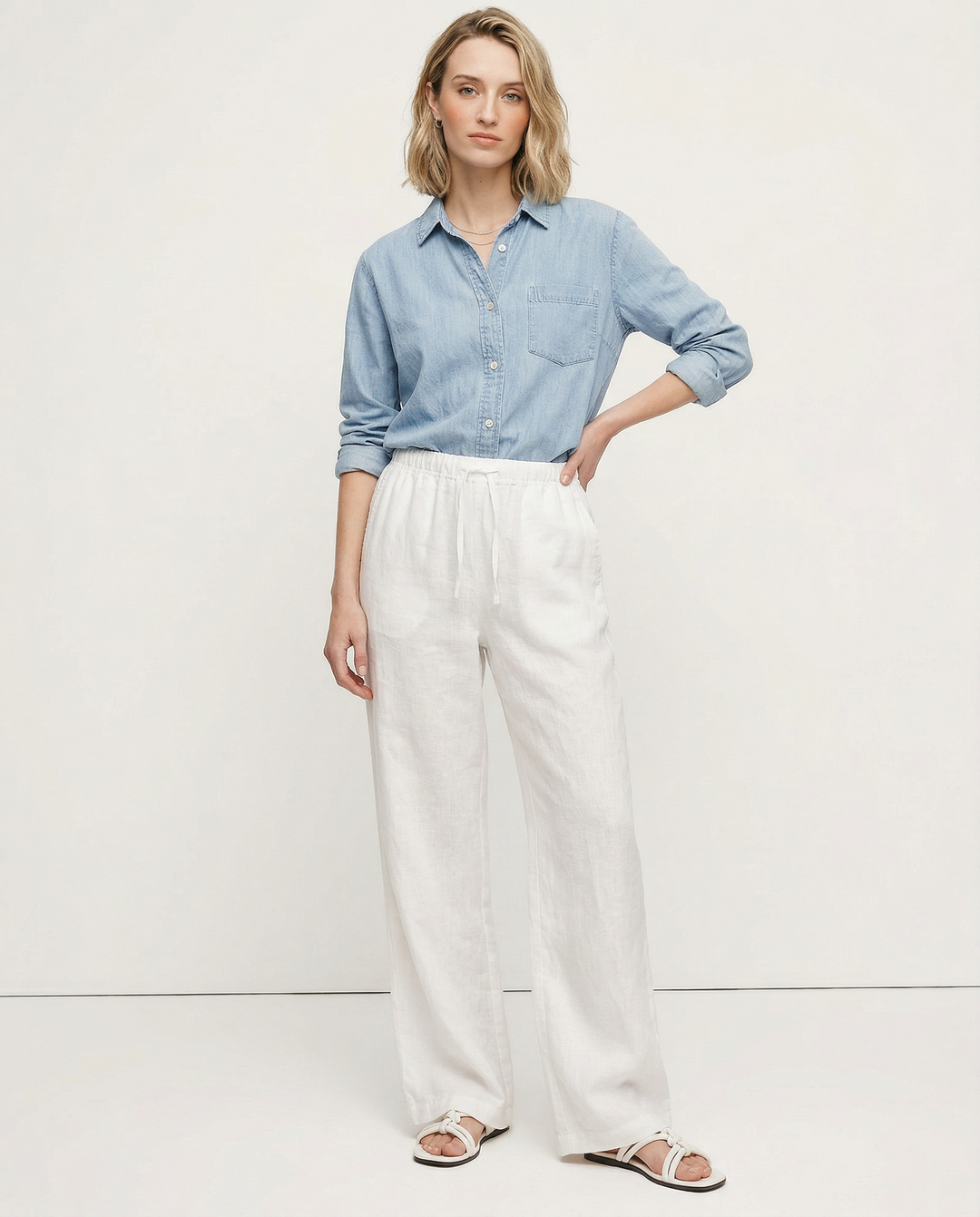 Women's Linen Wide Leg Pants – Low-Rise Elastic Drawstring Waist