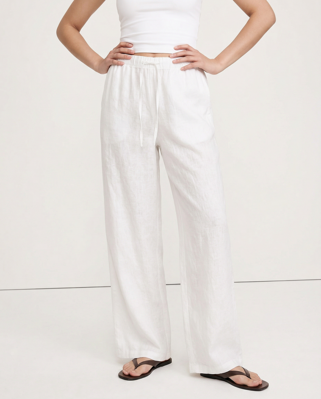 Women's Linen Wide Leg Pants – Low-Rise Elastic Drawstring Waist
