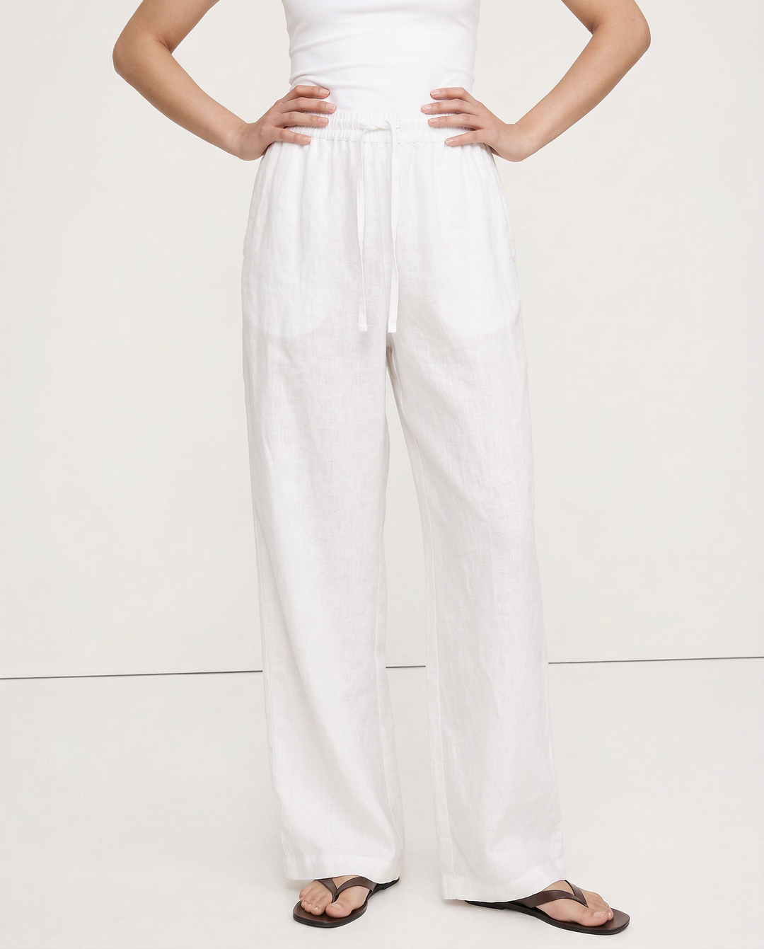 Women's Linen Wide Leg Pants – Low-Rise Elastic Drawstring Waist