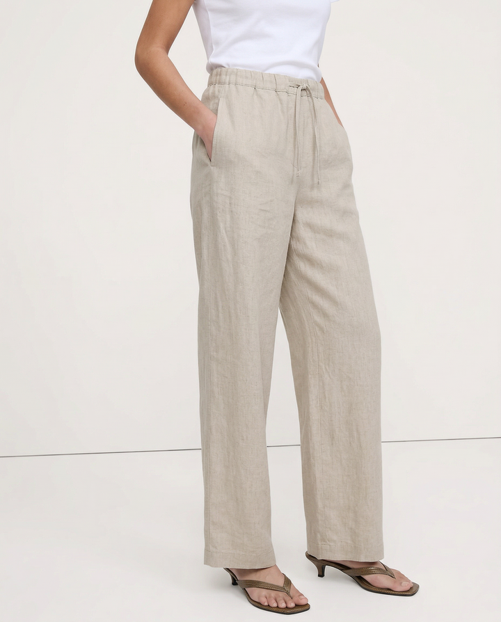 Women's Linen Wide Leg Pants – Low-Rise Elastic Drawstring Waist