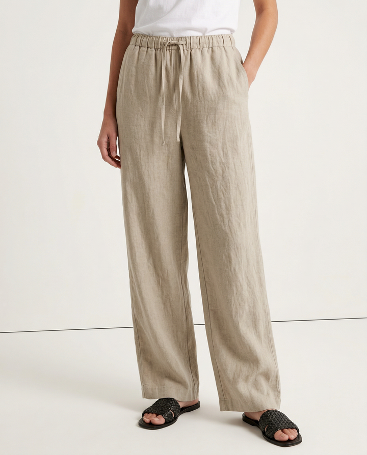Women's Linen Wide Leg Pants – Low-Rise Elastic Drawstring Waist