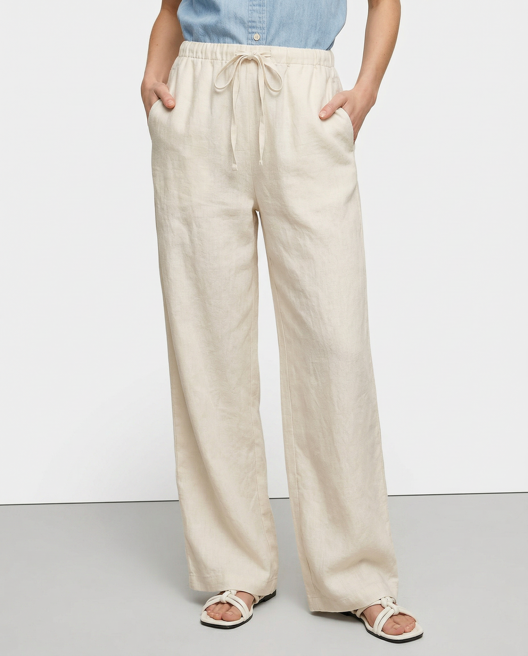 Women's Linen Wide Leg Pants – Low-Rise Elastic Drawstring Waist