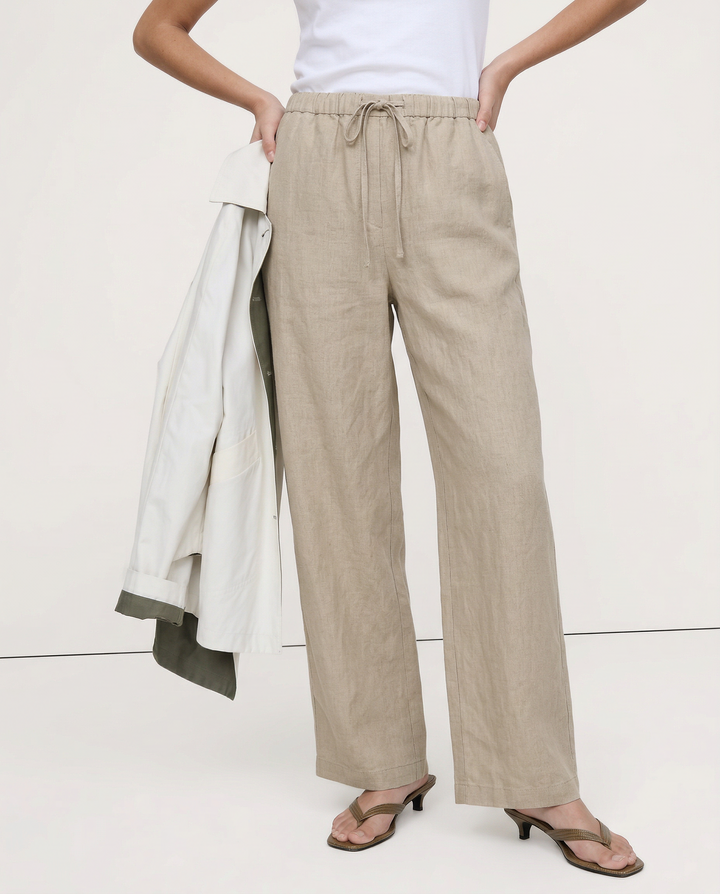 Women's Linen Wide Leg Pants – Low-Rise Elastic Drawstring Waist