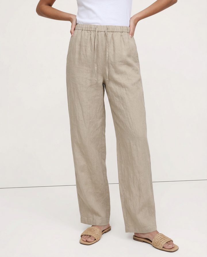 Women's Linen Wide Leg Pants – Low-Rise Elastic Drawstring Waist