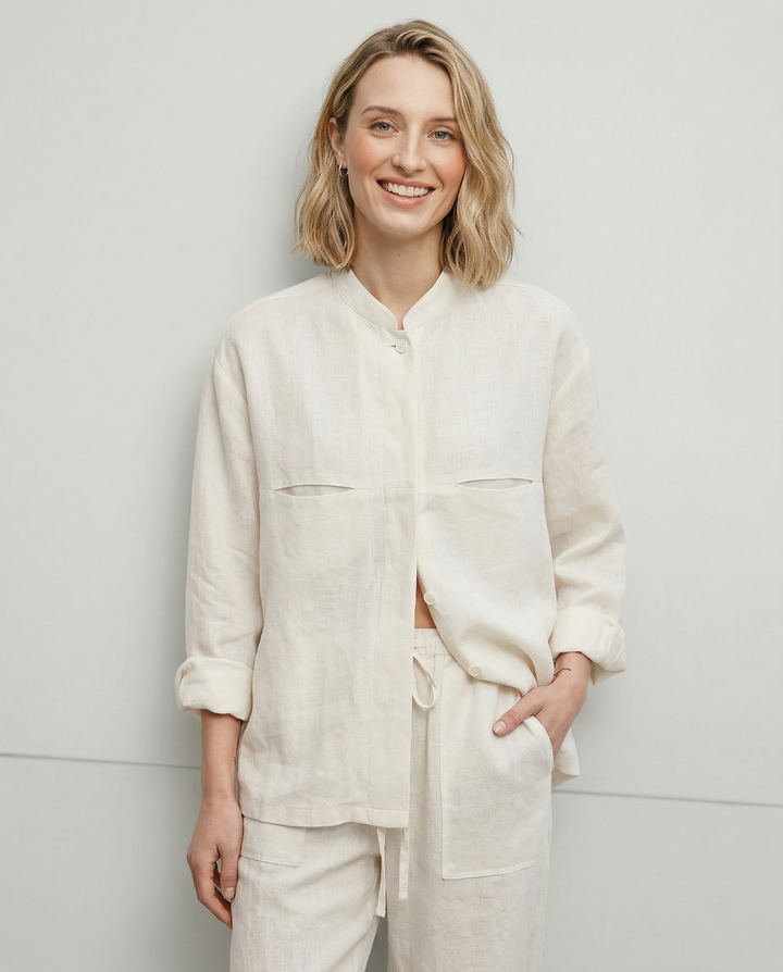 Women's Linen Longline Jacket Stand Collar – Horn Buttons