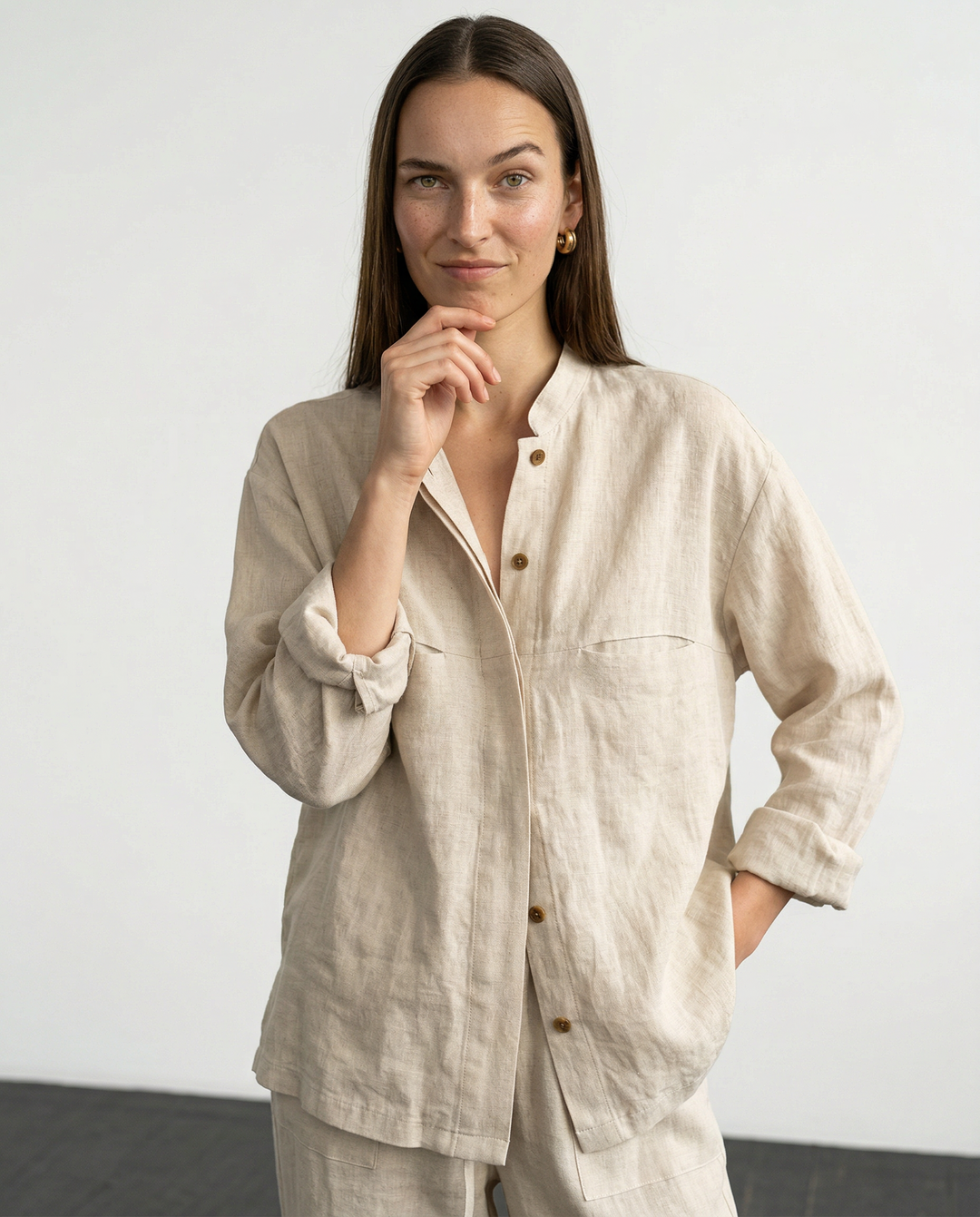 Women's Linen Longline Jacket Stand Collar – Horn Buttons