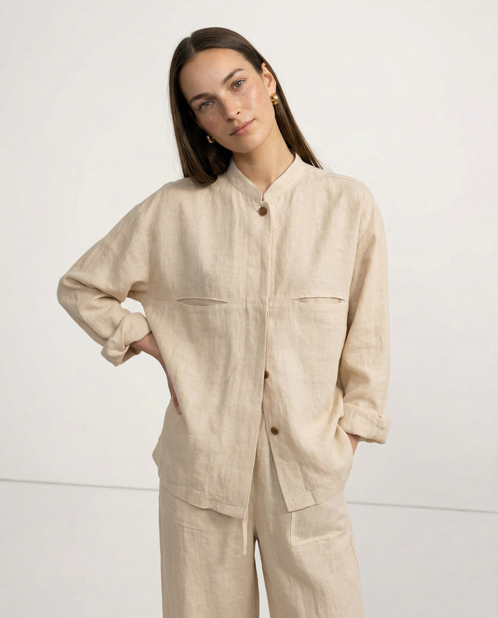 Women's Linen Longline Jacket Stand Collar – Horn Buttons