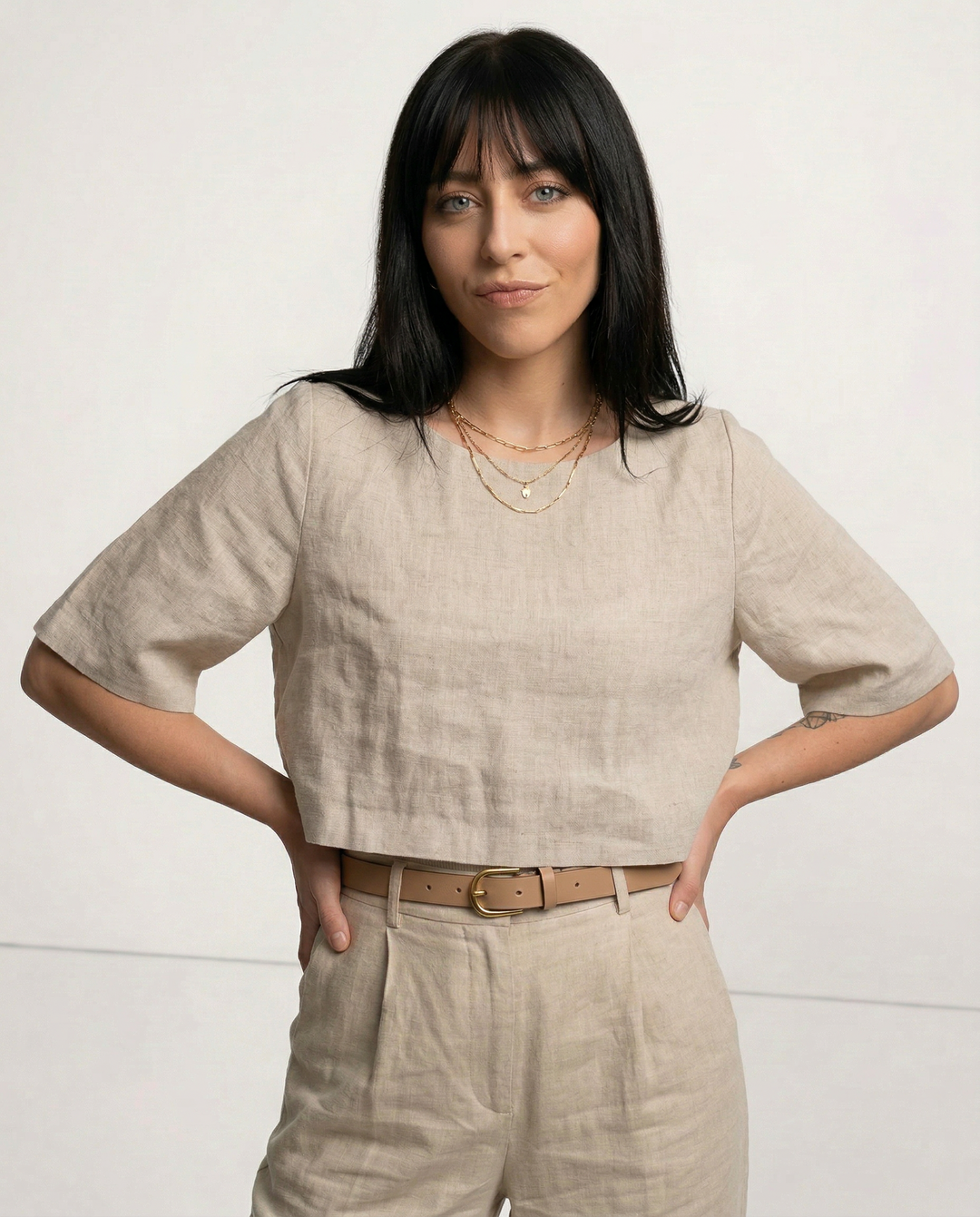 Women's 100% Linen Boxy Crop Top – Round Neck Half Sleeve