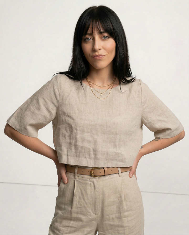 Women's 100% Linen Boxy Crop Top – Round Neck Half Sleeve