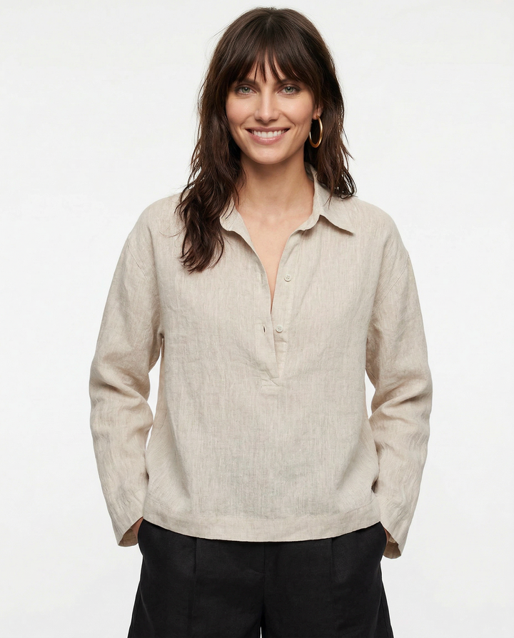 Women's 100% Linen Polo Collar Pullover – Relaxed Oversized Fit