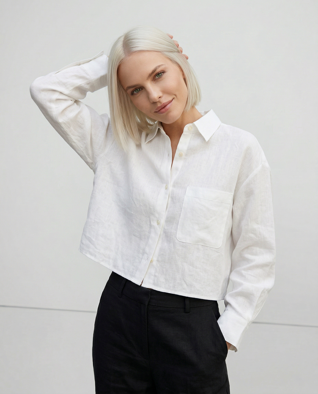 Women's 100% Linen Cropped Oversized Shirt – Long Sleeve