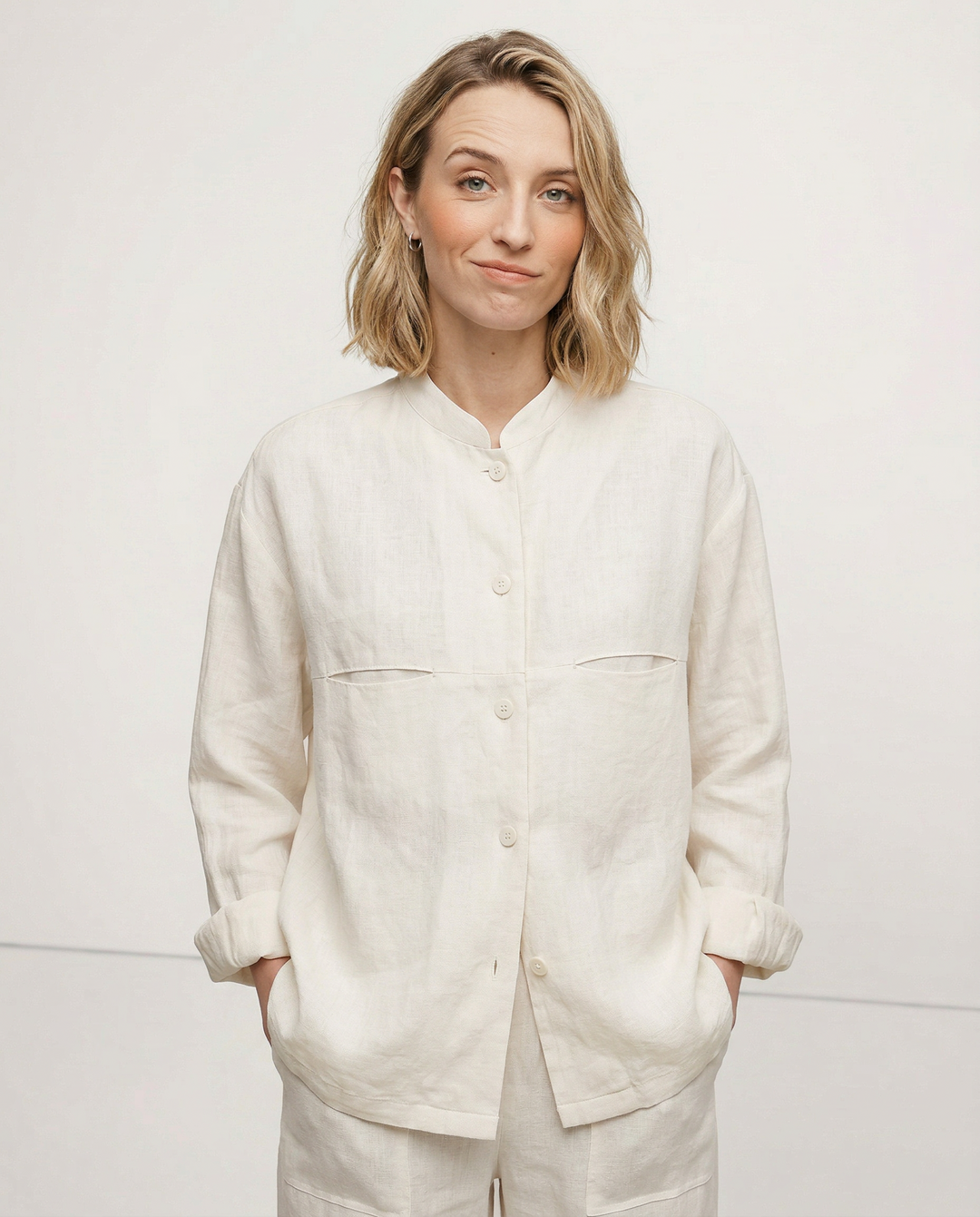 Women's Linen Longline Jacket Stand Collar – Horn Buttons