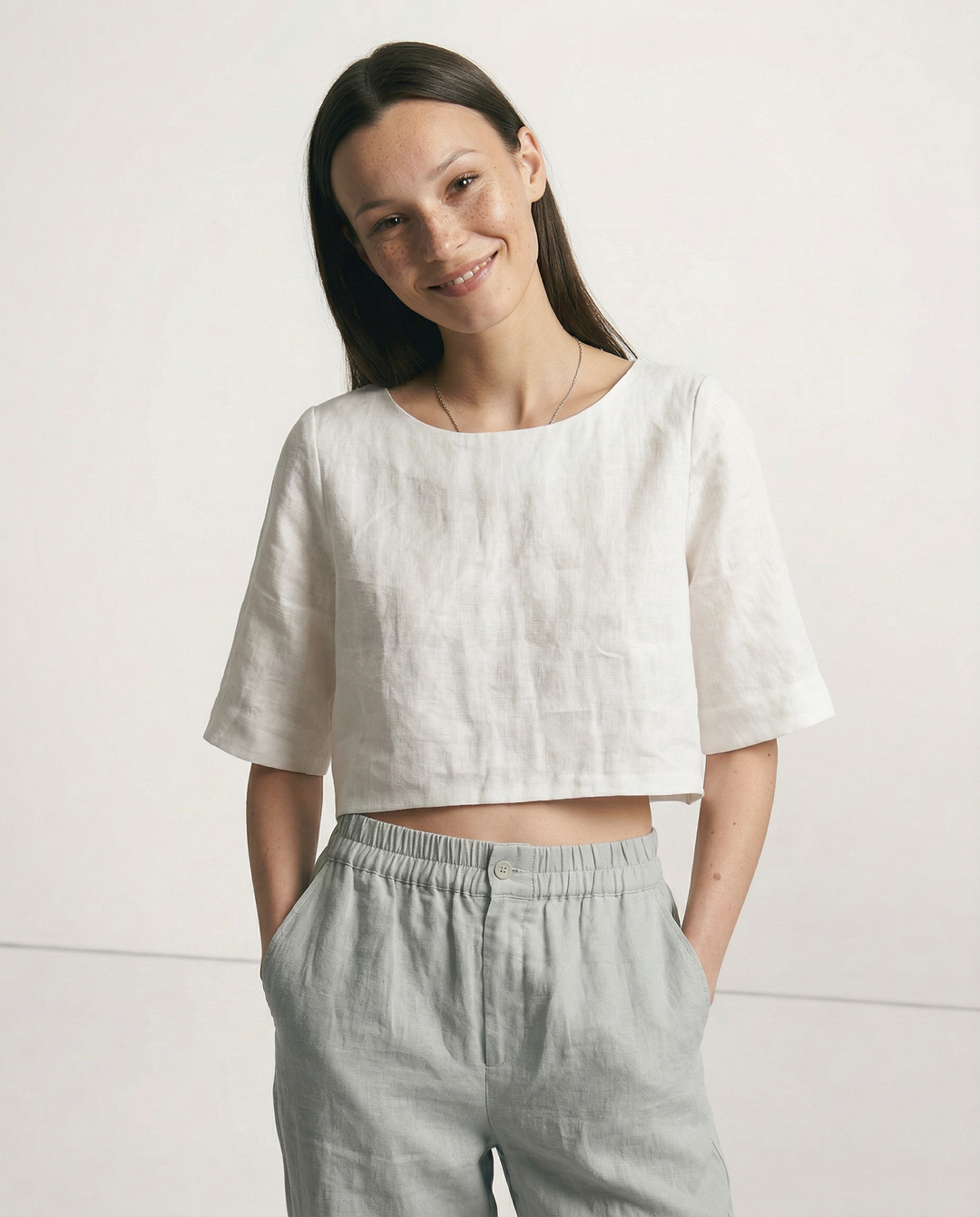 Women's 100% Linen Boxy Crop Top – Round Neck Half Sleeve