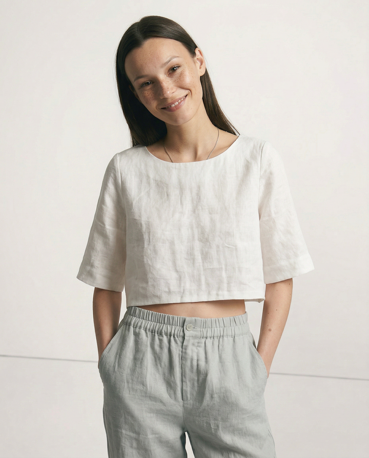 Women's 100% Linen Boxy Crop Top – Round Neck Half Sleeve
