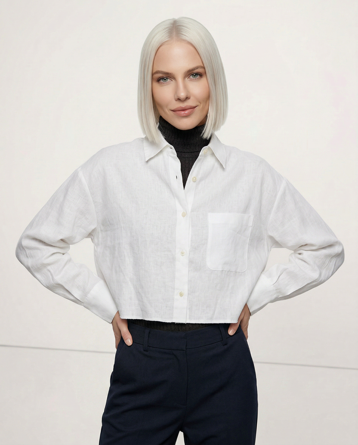 Women's 100% Linen Cropped Oversized Shirt – Long Sleeve