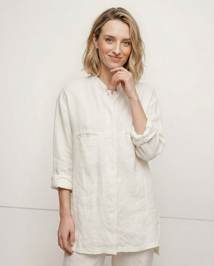Women's Linen Longline Jacket Stand Collar – Horn Buttons