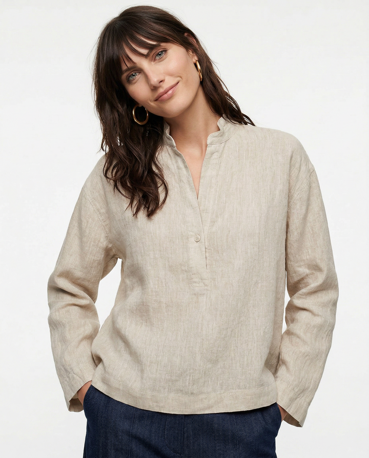 Women's 100% Linen Polo Collar Pullover – Relaxed Oversized Fit