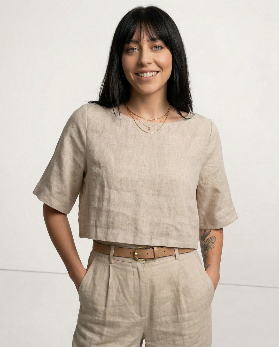 Women's 100% Linen Boxy Crop Top – Round Neck Half Sleeve