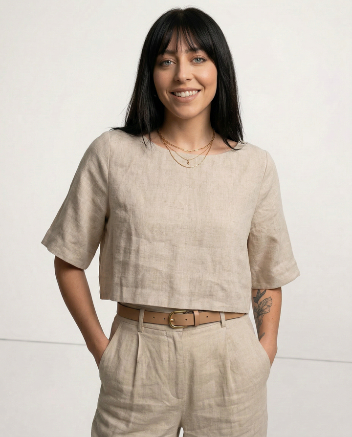 Women's 100% Linen Boxy Crop Top – Round Neck Half Sleeve