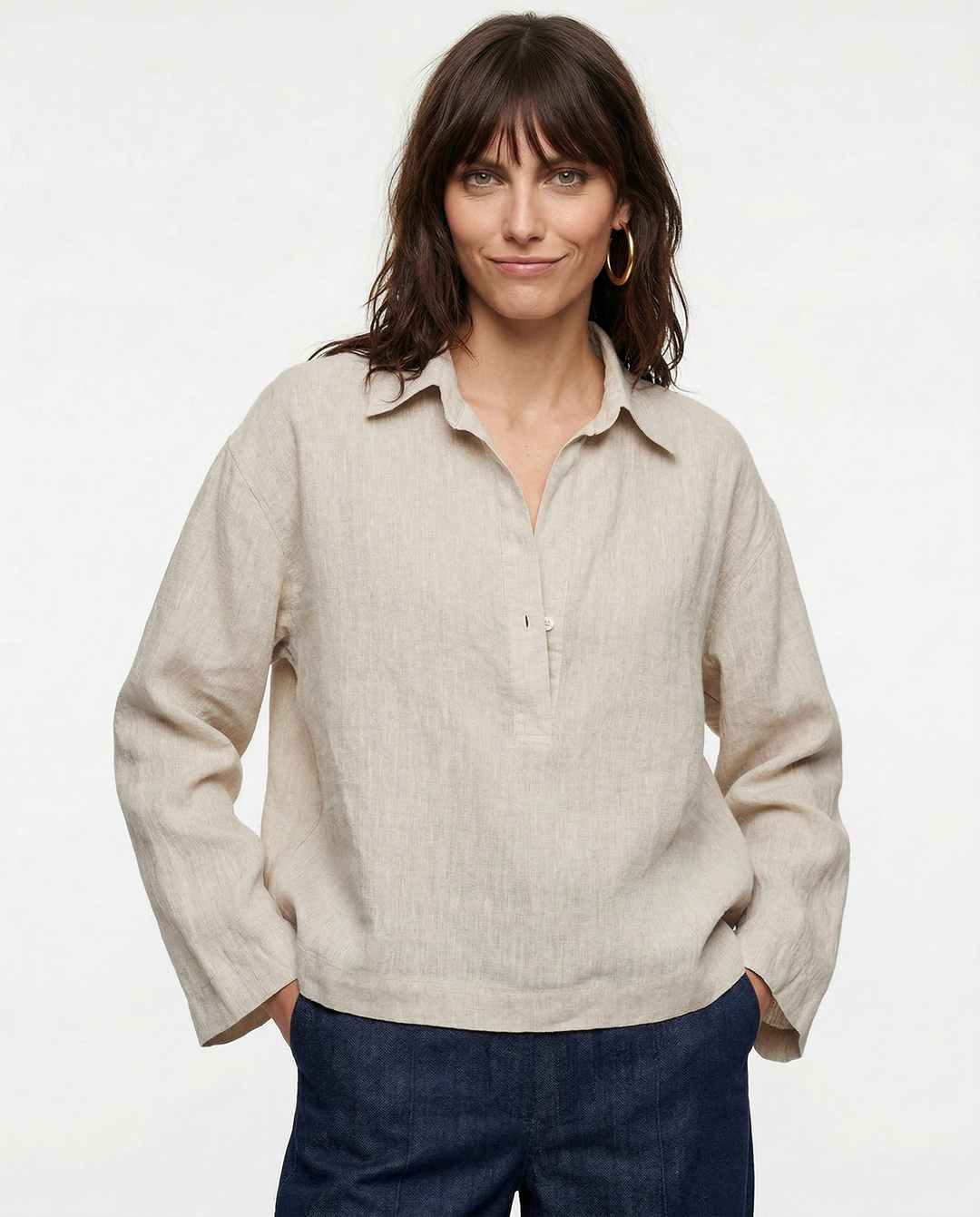 Women's 100% Linen Polo Collar Pullover – Relaxed Oversized Fit