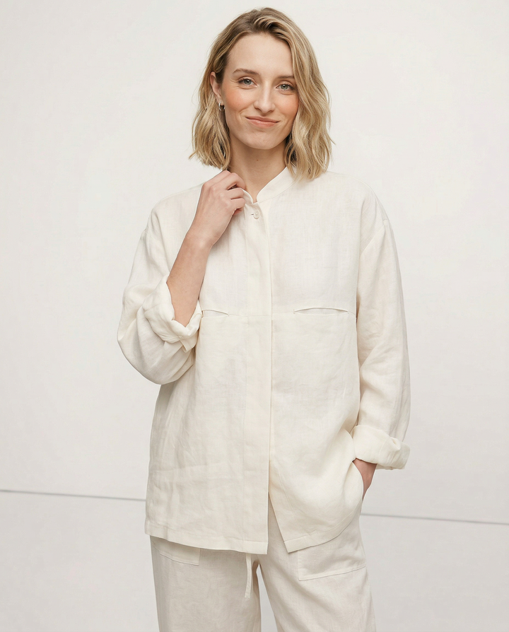 Women's Linen Longline Jacket Stand Collar – Horn Buttons