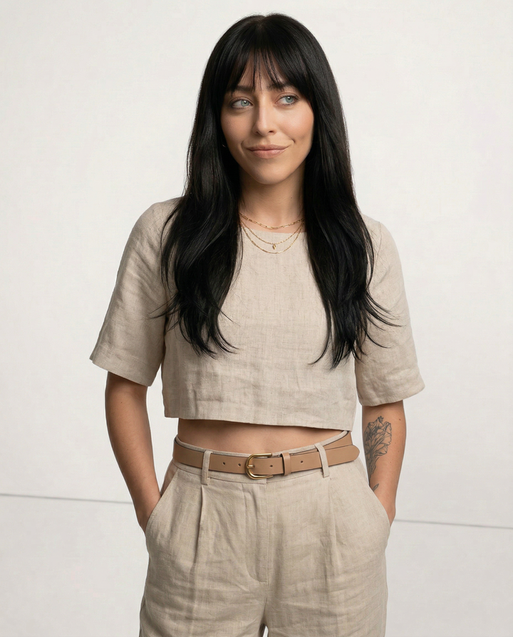 Women's 100% Linen Boxy Crop Top – Round Neck Half Sleeve