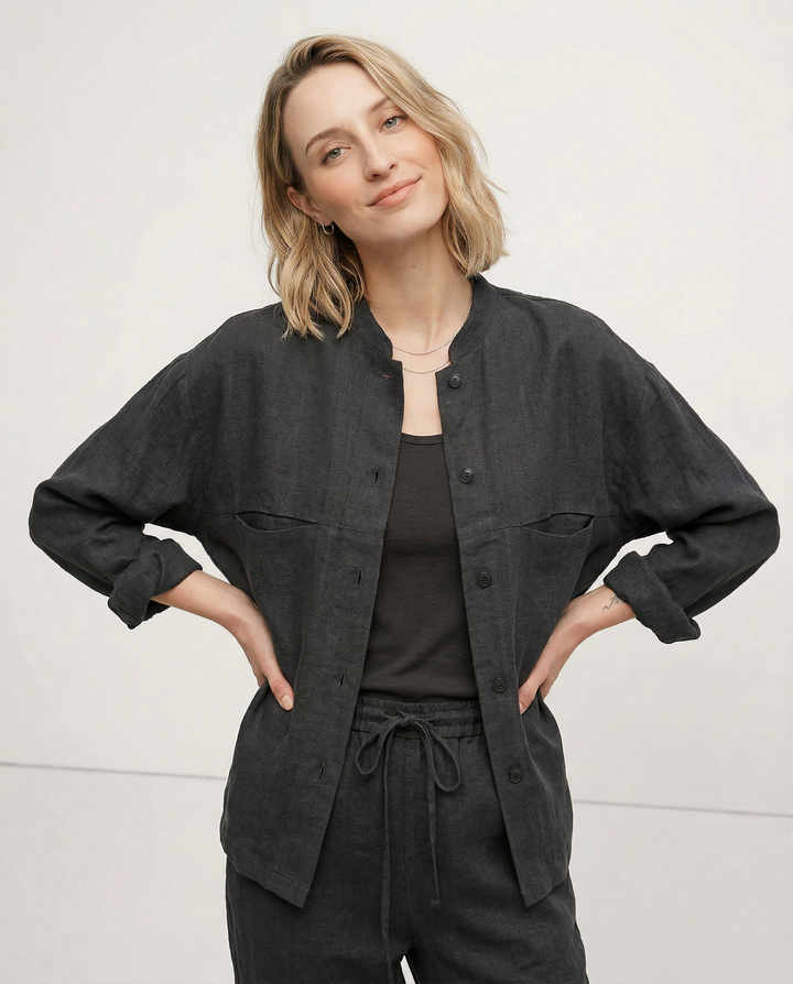 Women's Linen Longline Jacket Stand Collar – Horn Buttons