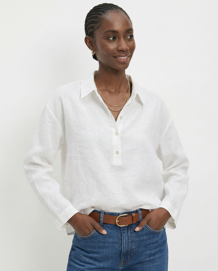Women's 100% Linen Polo Collar Pullover – Relaxed Oversized Fit
