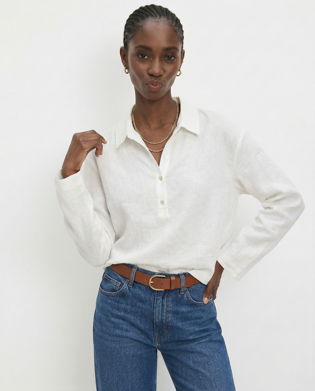 Women's 100% Linen Polo Collar Pullover – Relaxed Oversized Fit